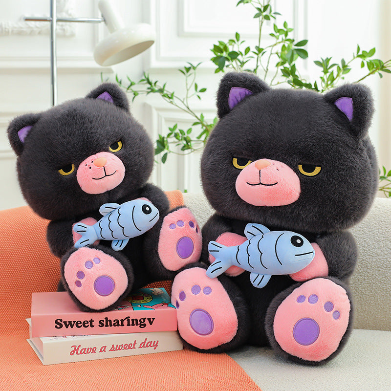 Sassy Cat Plush with Blue Fish Toy – Smug & Adorable Stuffed Animal