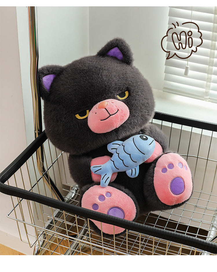 Sassy Cat Plush with Blue Fish Toy – Smug & Adorable Stuffed Animal