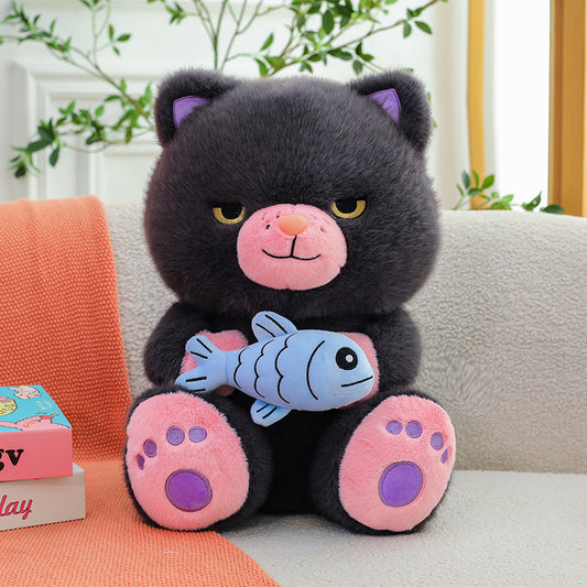 Sassy Cat Plush with Blue Fish Toy – Smug & Adorable Stuffed Animal